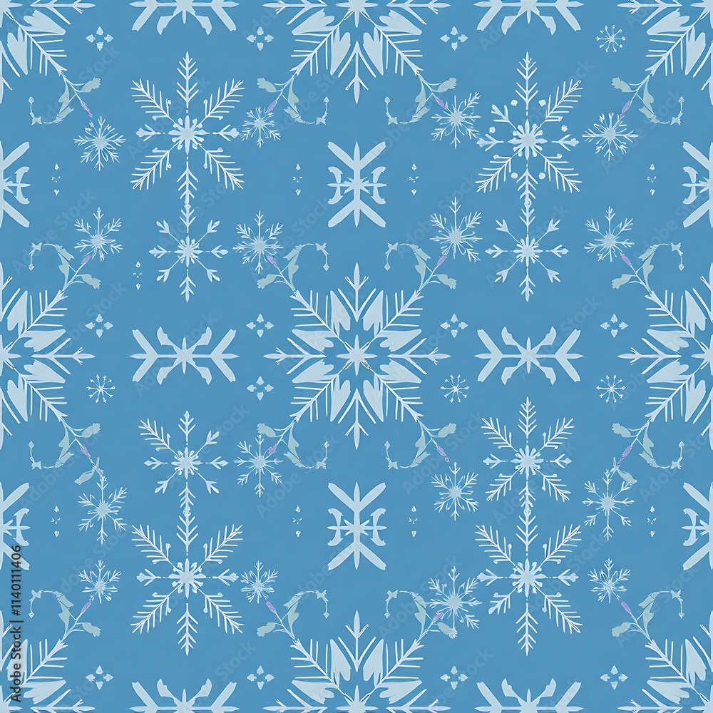 Poster winter wonderland seamless pattern: a delicate and intricate snowflake pattern in shades of blue, pe