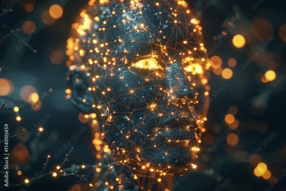 Poster futuristic human face featuring illuminated neural patterns for a high tech aesthetic