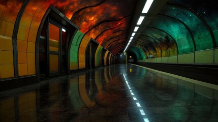 An empty subway platform with a colorful, galaxy-themed ceiling.