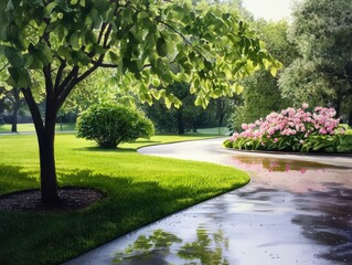 Obraz premium Serene Garden Pathway with Lush Greenery and Colorful Flowers in Bright Daylight