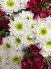 bouquet of red alstermerias and white chrysanthemums

