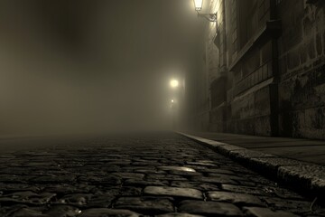 Eerie evening in victorian london  enigmatic gas lights illuminate foggy cobblestone streets