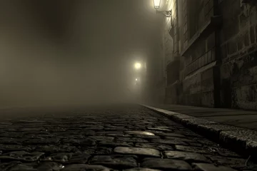 Fototapete Rund Eerie evening in victorian london  enigmatic gas lights illuminate foggy cobblestone streets © Petr