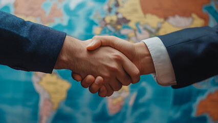 People in suits are shaking hands. A world map is in the background.

