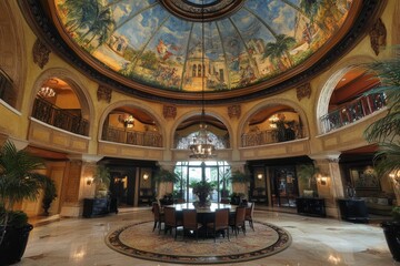 Obraz premium Grand foyer, painted dome, marble floor, dining table.