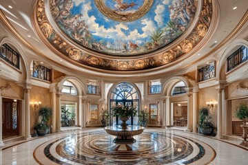 Fototapeta premium Grand entrance hall; ornate ceiling, marble floor, fountain.
