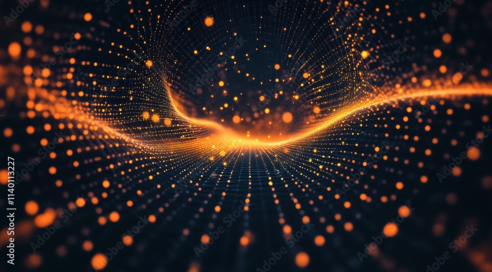 Poster a dark background with orange and yellow glowing particles in the center, creating an abstract desig