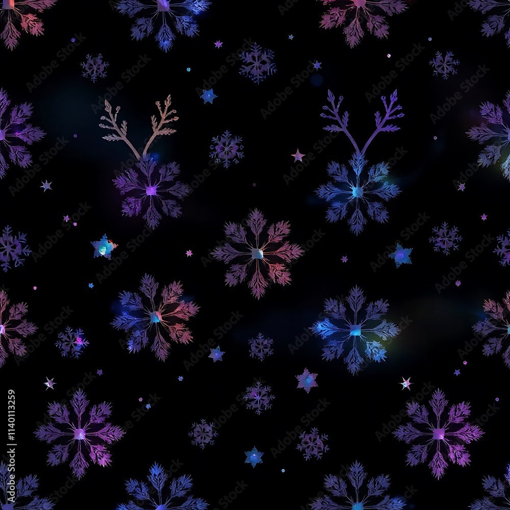 Poster cosmic snowflakes: a mesmerizing seamless pattern of iridescent snowflakes on a dark background. per