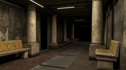 A long, dark corridor lined with pillars and stone benches, illuminated by overhead lights.