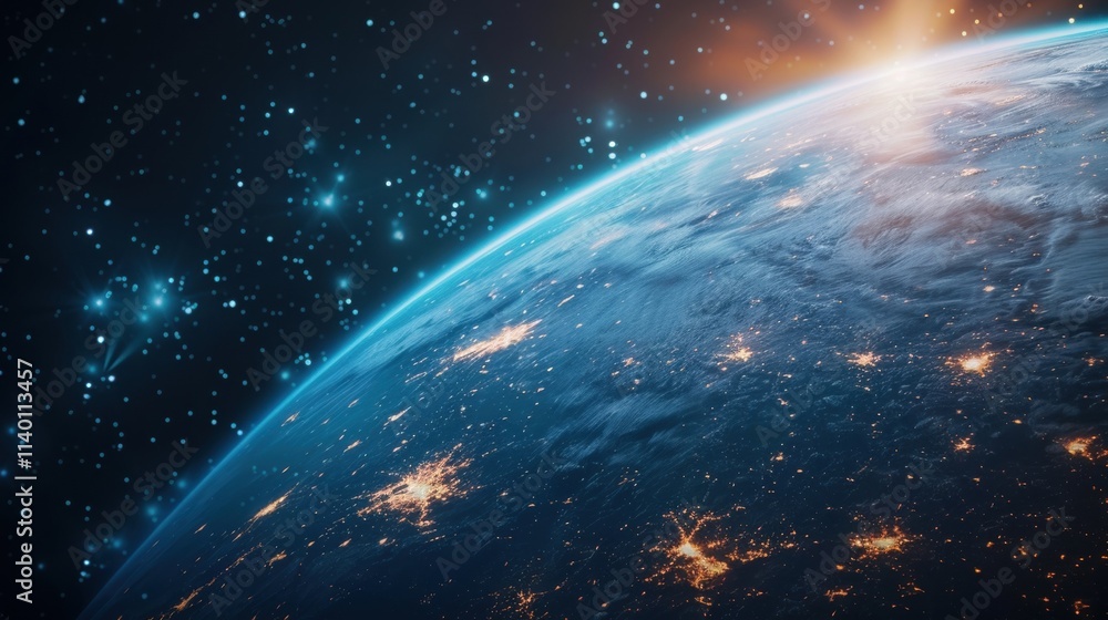 Poster planet earth is rotating in space showing big data connections between cities and sunrise illuminati