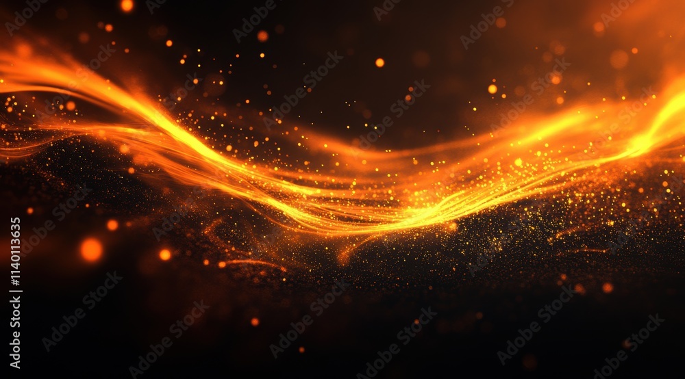 Poster a dark background with orange and yellow glowing particles in the center, creating an abstract desig