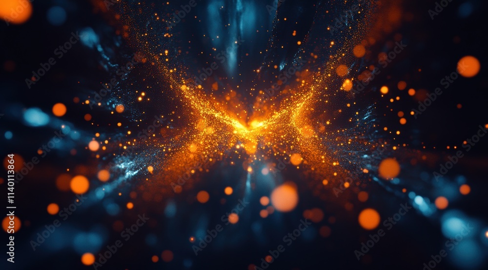Poster a dark background with orange and yellow glowing particles in the center, creating an abstract desig