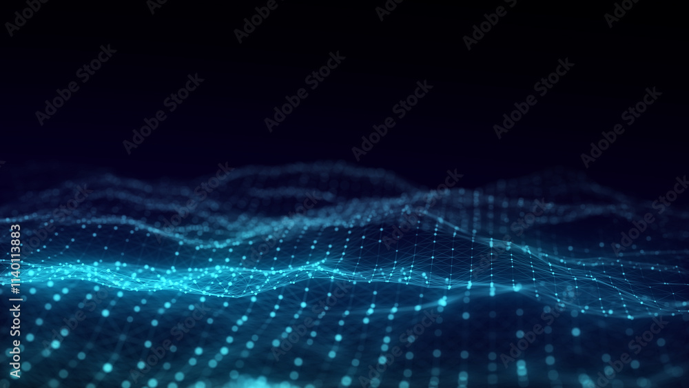 Poster color abstract wave background with dots and lines moving in space. technology illustration. futuris