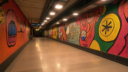 A colorful mosaic mural lines the walls of an underground walkway, creating a vibrant and artistic atmosphere.