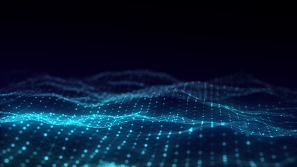 Color abstract wave background with dots and lines moving in space. Technology illustration. Futuristic modern dynamic wave. 3d rendering.