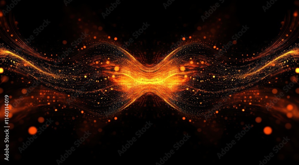 Poster a dark background with orange and yellow glowing particles in the center, creating an abstract desig