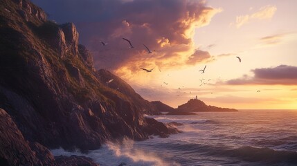 Obraz premium A serene coastal landscape at sunset with rocky cliffs and waves crashing. Birds soar above, creating a peaceful atmosphere.