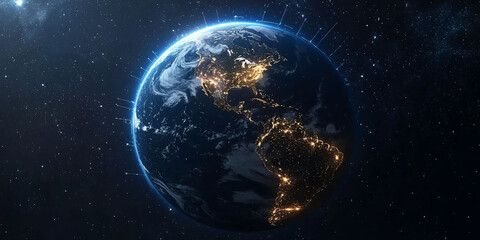 A view of Earth illuminated at night from space.