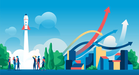 Business team watching rocket launch, representing growth and progress, alongside upward arrows over stylized cityscape and trees, clear blue sky.
