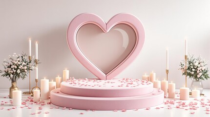 Romantic heart shaped podium with candles background for product display, Valentine's Day festive design or wedding presentations, Mother's Day