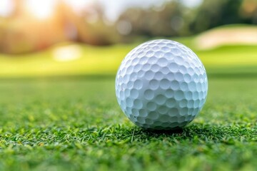 Obraz premium Close up of a golf ball on a tee with a shimmering clubhead amidst sunlit greenery on the course
