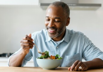 Smiling mature man enjoying a nutritious vegan meal, promoting healthy eating habits and a balanced lifestyle