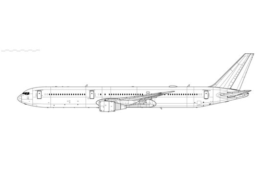 Boeing 767-400ER. Vector drawing of long-range, passenger jet airliner. Side view. Image for illustration and infographics.
