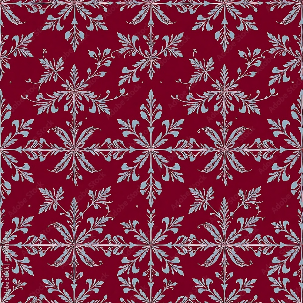 Poster crimson snowflake pattern: elegant and festive seamless pattern featuring intricate silver snowflake