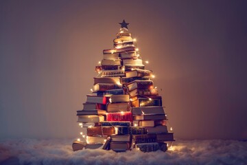 Creative christmas tree design formed by stacked books and adorned with twinkling string lights