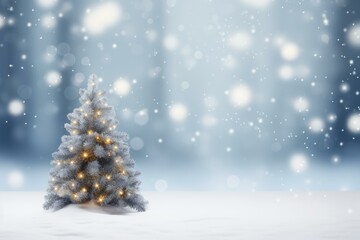 Christmas tree with lights glowing in snowy winter wonderland creating magical holiday atmosphere