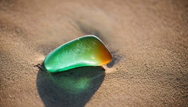 Single piece of polished blue green sea glass on a beah of sand with copy space