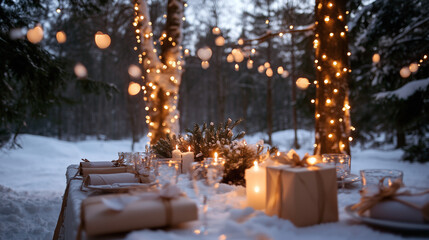 Fototapeta premium Festive Winter Table Setting in Snowy Forest with Lights Representing Holiday Dinner Celebration and Cozy Outdoor Gathering