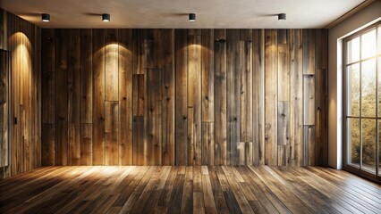 Rustic interior design with wood wall and floor, illuminated by ceiling lights and natural sunlight