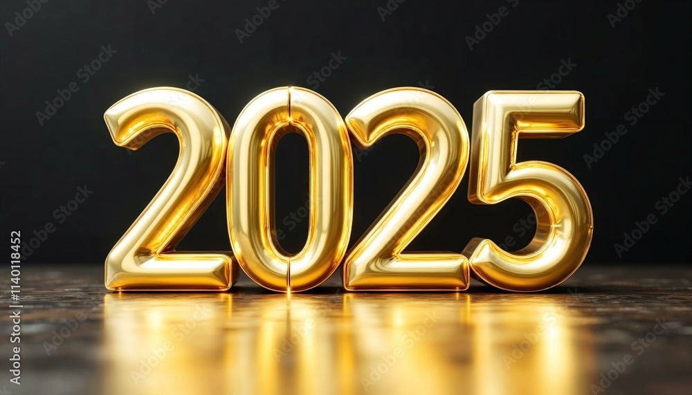 Poster new year '2025' golden numeral in bold 3d style with smooth reflections