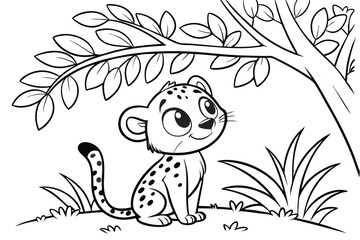 cute Leopard, some grass and a tree, coloring book