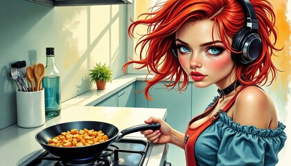 Vibrant manga-style girl with red hair holding frying pan in cyberpunk kitchen