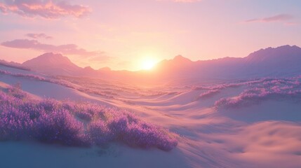 Fototapeta premium Serene sunset over sandy dunes with purple flowers.