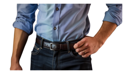 Stylish urban man adjusting his belt in casual attire