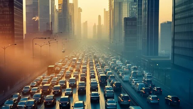 A bustling city street packed with cars during rush hour, bathed in golden sunlight. The sun's rays enhance the urban atmosphere, suggesting themes of daily commute, urban congestion, and the energy