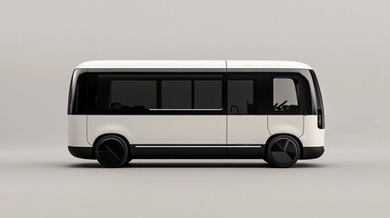 Modern electric shuttle bus design in sleek black and white.