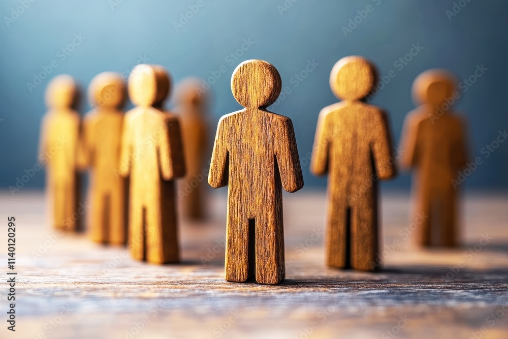 Poster wooden figurines representing diverse human figures in a group setting on a table with a soft backgr