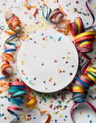 Obraz premium Carnival festive concept with coloful paper serpentines and confetti. White Empty podiums displayed on white. Generated image