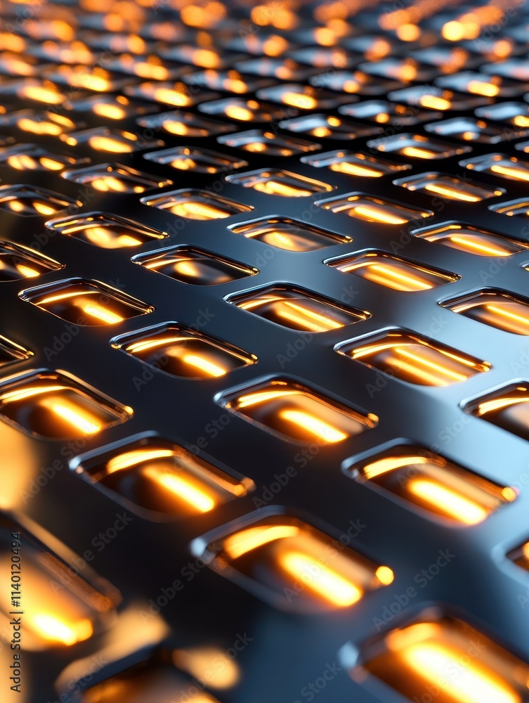 Poster abstract metal surface with illuminated openings and warm glow in close-up view