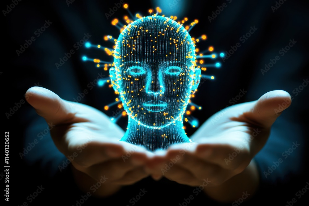 Poster digital representation of a human head surrounded by glowing particles held in hands symbolizing tec