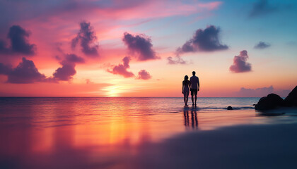 Fototapeta premium romantic couple silhouetted against vibrant sunset at beach, creating serene and emotional atmosphere. colorful sky reflects beautifully on water surface