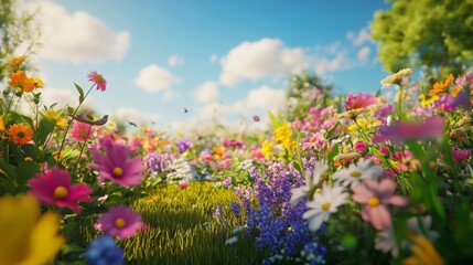 Fototapeta premium A Colorful Field of Wildflowers Under a Blue Sky with White Clouds