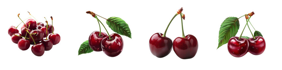 PNG Fresh Red Cherries with Leaves Isolated on White Background - High-Quality Fruit Illustration for Design Projects