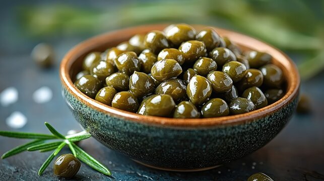 Close-up of a bowl of pickled capers with herbs.