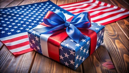 Fototapeta premium Memorial Day Gift Box with Bow: Wide Angle Photo - Patriotic Decorations, Red White Blue Ribbon, Gift Wrapping Ideas