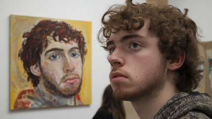 Young man with curly brown hair gazes intently at a portrait in a gallery.